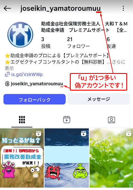 偽アカウントの例
